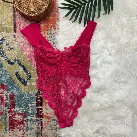 Victoria's Secret Other - Vintage 80s Victoria's Secret Pink Lace One Piece Teddie Bodysuit Lingerie 36C